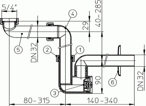 Raumspar-Waschtisch-Möbelsiphon DN32x5/4" HL137/30